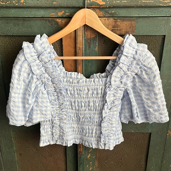 English Factory Gingham Smocked Puff Sleeve Top - Picture 2 of 13
